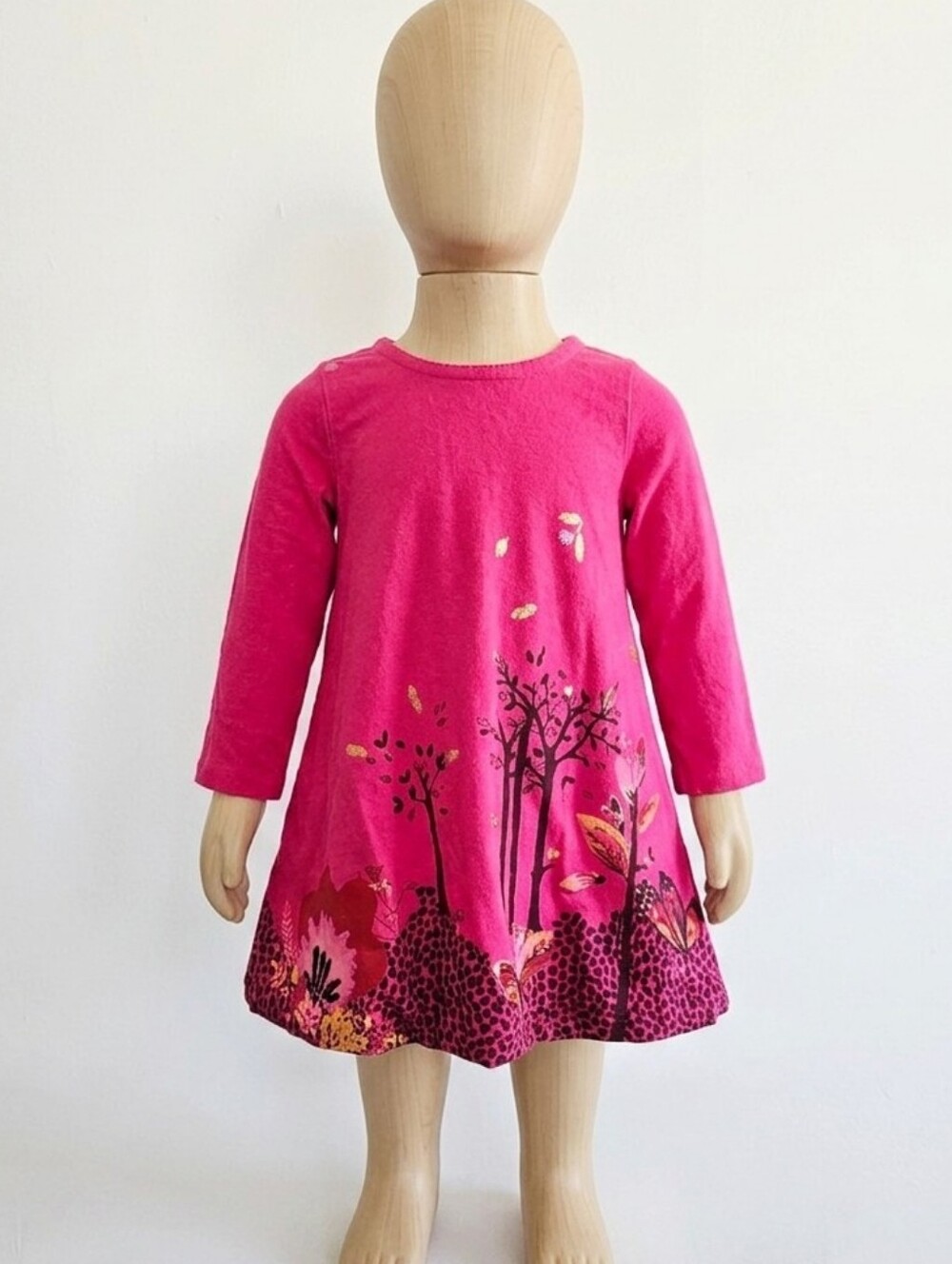 Catimini Fuschia Long-Sleeve Forest Print Bubble Dress. Size 9 Months